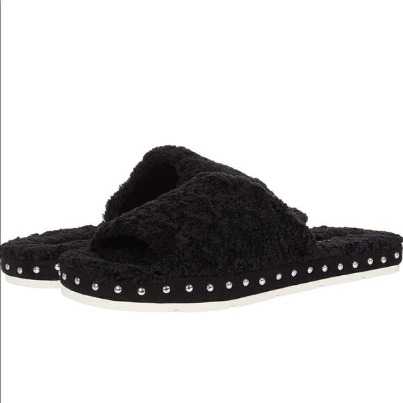 Dolce Vita New Black Fuzzy Slides Studded 9slip on - Picture 1 of 4